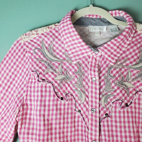 Miss Me Womens Pink Gingham Lace Embroidered Western Pearl Snap Shirt Size Large - Picture 4 of 8